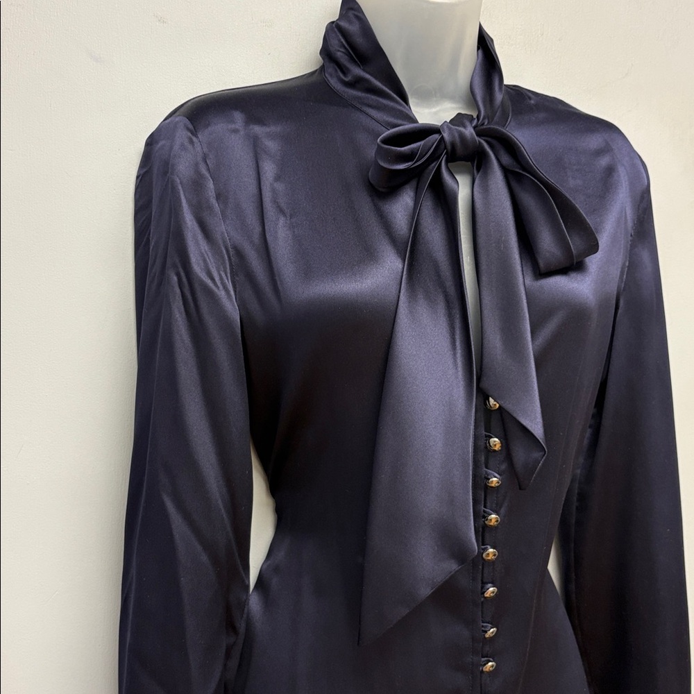 Versus Versace Navy Satin Bow Tie Button-Up Blouse - Picture 3 of 12
